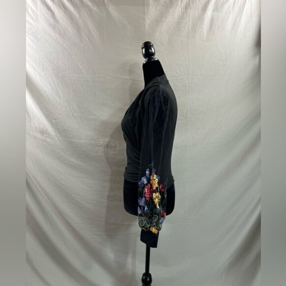 Boho Floral Embroidered Lantern Sleeves Top Black - Picture 9 of 10